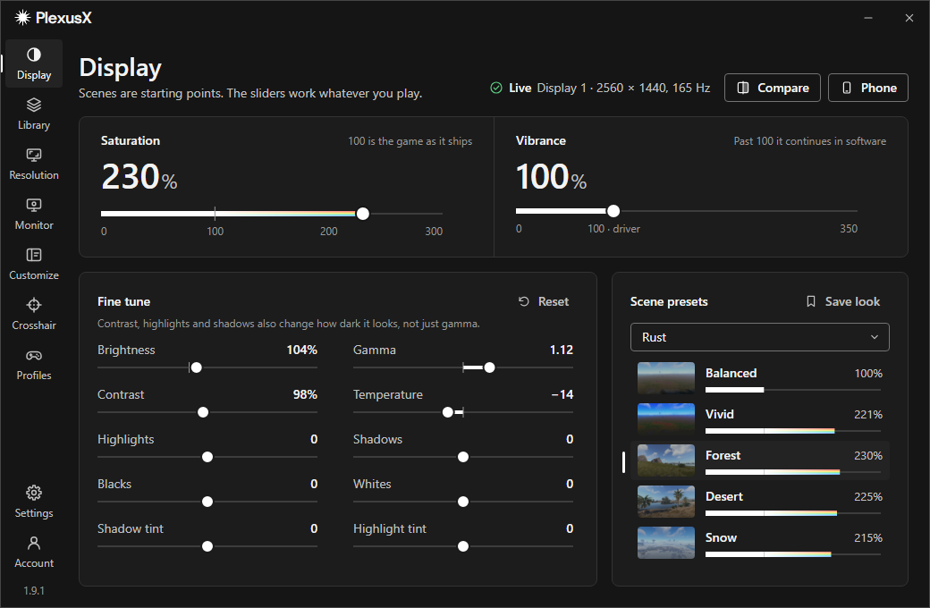 The PlexusX Display page: Saturation at 230 percent, the Forest scene preset selected